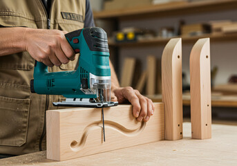 Carpenter using a jigsaw to cut a pattern in a piece of wood in workshop