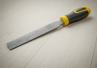 Closeup of a metal file with a black and yellow handle isolated on white background