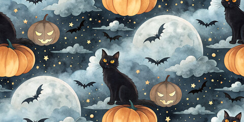 Black Cat with Moon Seamless Pattern, Magical Halloween October Events Artwork