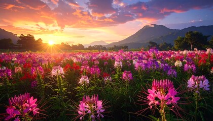 Colorful flower field at vibrant sunrise