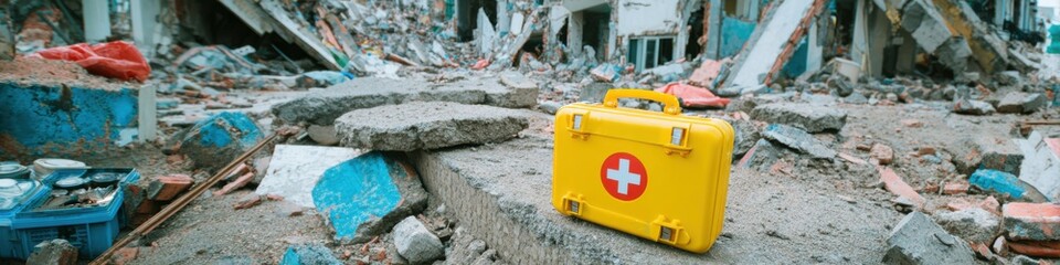 Professional Earthquake Drill First Aid Kit in Urban Disaster Scene High-Quality Emergency Response Tools for Crisis Preparedness and Survival Marketing Content