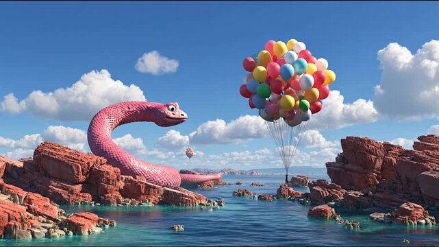 Animated pink snake with colorful balloons floating over water