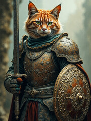Obraz premium Orange cat wearing armor and holding a sword