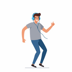Flat Style Cheerful Man Listening Music with Headphone Illustration