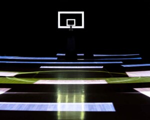 Premium Indoor Basketball Court with Polished Wooden Floor and Hoop Authentic Modern Sports Venue for Professional Event Marketing and Social Media Campaigns