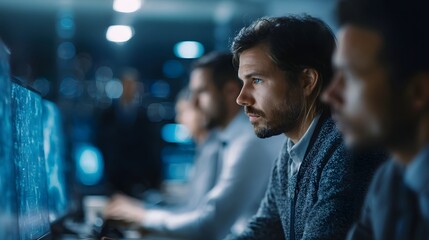 Professionals intently monitoring data on computer screens in a modern high tech office environment