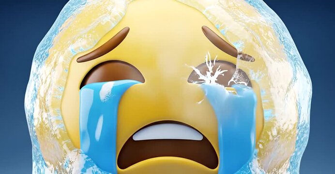 Frozen tears fall as a crying emoji succumbs to the icy grip of winter's sadness