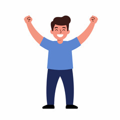 Flat Cartoon Style Man Cheering with Arms Raised Character Illustration