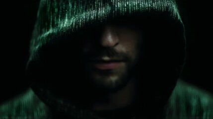 Man in dark hooded sweatshirt with green digital code overlay obscured by shadow embodying mystery and technology