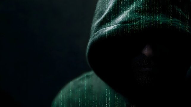 Anonymous figure in a dark hoodie with green digital code cascading symbolizing cyber security and online mystery