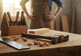 Tools and wood shavings on a workbench in a carpentry workshop with natural light