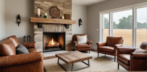 Cozy Living Room with Leather Furniture Stone Fireplace and Natural Light