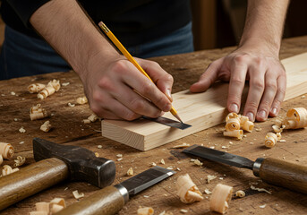 Closeup of a woodworker marking a piece of wood with a pencil and ruler on a workbench