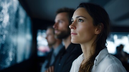 Professionals intently observing complex data visualizations on large screens in a modern high tech control room