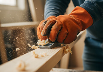 Carpenter using hand plane on wooden plank with orange gloves in a woodworking shop