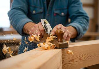 Carpenter using a hand plane on a wooden plank with wood shavings flying around