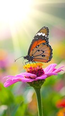 Butterfly perched on a vibrant pink flower, bathed in sunlight