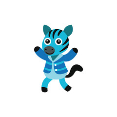Cute blue zebra character wearing a jacket dancing joyfully with open arms vector