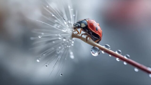 Macro shot of a ladybug on dandelion seed with water drops