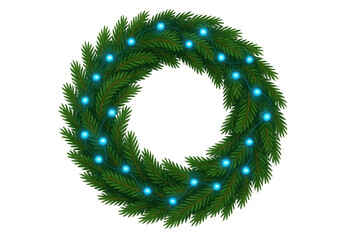 Christmas wreath with blue string lights, evergreen spruce branches creating festive holiday decoration on transparent background