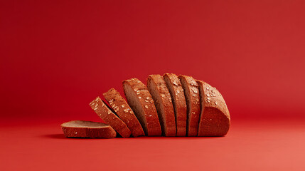 Sliced multigrain bread loaf on a bright red backdrop, angled for artistic presentation. Freshly baked and inviting.