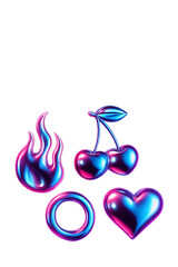 Fototapeta premium 3d illustration of shiny holographic stickers isolated on transparent background with heart, fire, cherry