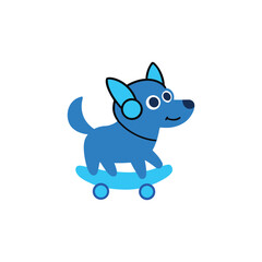 Cute blue cartoon dog wearing headphones rides a skateboard with a happy expression isolated vector