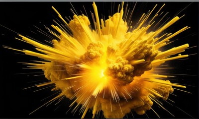 Dynamic Yellow Powder Explosion on Black Backdrop with Bursting Energy
