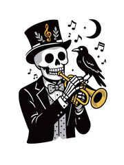 A skeleton dressed in a tuxedo and top hat plays a golden trumpet, accompanied by a black crow perched on his arm, with musical notes and a crescent moon floating around.