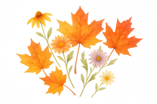 Autumn maple leaves and wildflowers watercolor composition, seasonal fall nature with transparent background