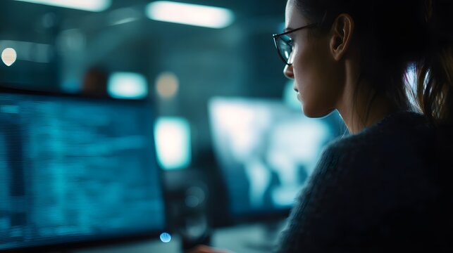 A professional woman wearing glasses intently works on a computer screen displaying digital code in a modern dimly lit office setting