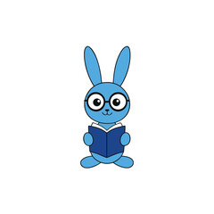 Cute blue bunny wearing glasses reads a book encouraging education and learning vector