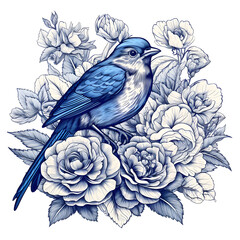 Elegant Blue and White Floral Art with a Bird Isolated on a White Background.