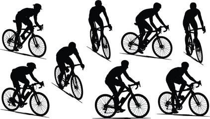 Obraz premium Cyclist silhouette collection, road bike riders, dynamic posture, racing motion, black figures, sports concept, fitness, outdoor activity, minimal design