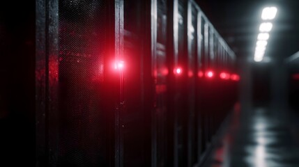 A corridor of server racks illuminated by glowing red alert lights in a dark data center