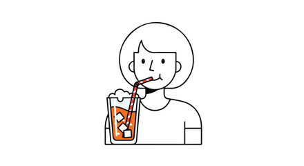Cartoon illustration of a person drinking from a glass with a straw and ice cubes represented in a minimal style drawing against a white backdrop