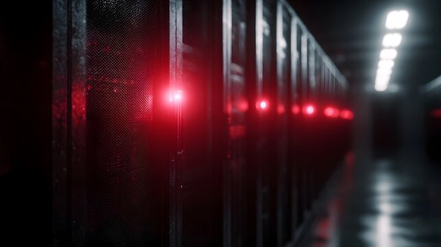 A corridor of server racks illuminated by glowing red alert lights in a dark data center - Powered by Adobe