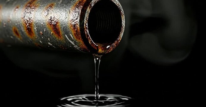 Leaking rusty pipe drips water creating ripples in dark mysterious environment