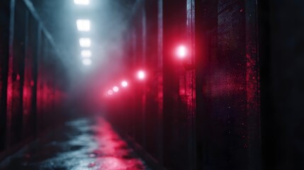 Dark industrial server room corridor with blinking red alert lights and atmospheric fog