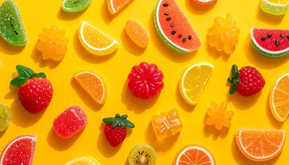Colorful fruit-shaped candies on a yellow background