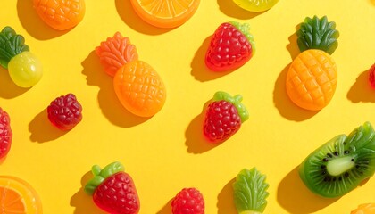 Colorful fruit-shaped candies on yellow background (1)