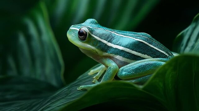 Green frog perched on green leaf in natural environment macro shot