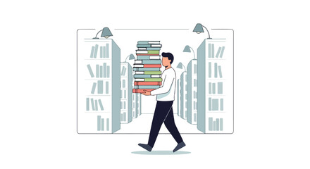 Man carrying a stack of books in a library, signifying knowledge, education and scholarly pursuits within an academic environment