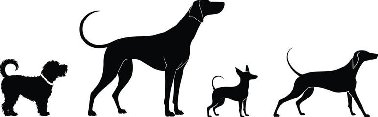 Silhouettes of Diverse Dog Breeds, Pet Animal Shapes, Canine Variety, Black Outline, Isolated Dogs, Vector Graphic, Breed Comparison