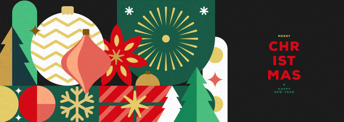 Christmas holiday flat poster or banner with Christmas tree, gift box, baubles, and snowflakes. Holiday greeting card design. Vector illustration