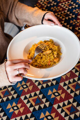 Rice Dish on Patterned Tablecloth