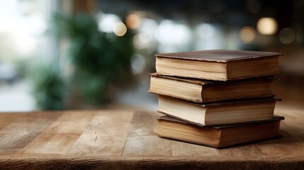 A stack of old hardcover books with worn pages rests on a rustic wooden table bathed in soft natural light