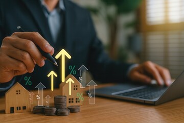 Real estate investment and rising interest rates concept,stacked coins and house model with percentage and growth arrow icons