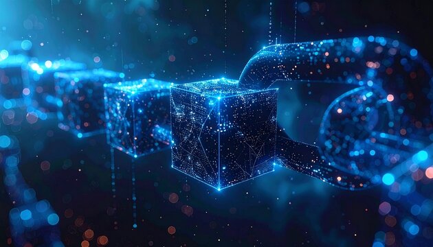 Digital blockchain network, representing secure data transfer and distributed ledger technology for a connected world