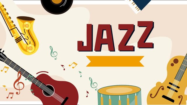 Celebrate vibrant jazz music with colorful instruments and catchy tunes